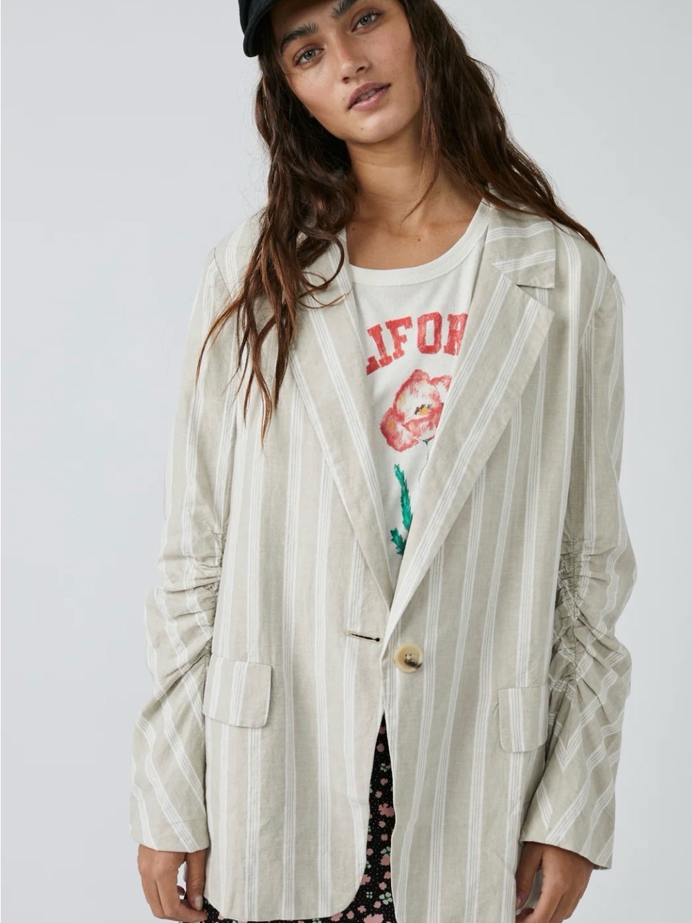 Free People Beige and White Striped Blazer
